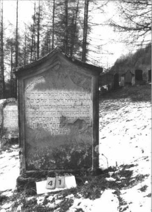 Grabstein 41 (Index: 99608725) Material: Sandstein Zustand: abgeblättert und sehr stark verwittert mit geringem Textverlust Maße HxBxT: 129x73x14 cm Beschreibung: Stele mit geschwungenem Spitzgiebel, vertiefter Textteil in gleicher Form: Grabstein 41