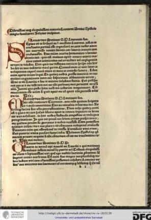 Disertissimi atque eloquentissimi oratoris Leonardi Aretini epistole magis familiares feliciter incipiunt.