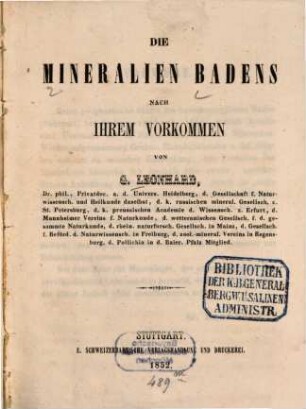 Die Mineralien Badens nach ihrem Vorkommen