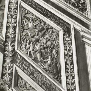 Kanzel der Martinikirche Halberstadt : Kanzel. 1595, 1690 verändert und ergänzt. Holz, geschnitzt. Detail: Relief "Weltgericht". Martinikirche Halberstadt