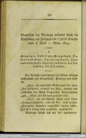 Grundsätze der Strategie erläutert durch die Darstellung des Feldzugs von 1796 in Deutschland. I. Theil. Wien, 1814