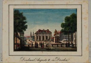 Der Neustädter Markt in Dresden nach Süden, mit dem Blockhaus (Neustädter Wache) und dem Reiterstandbild (Goldener Reiter) des Kurfürsten Friedrich August II.