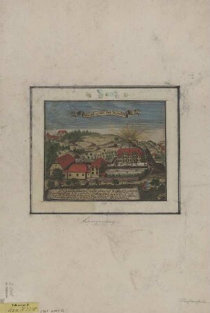 Ansicht des Waisenhauses Langendorf bei Weißenfels, Kupferstich, 1721 : Prospect des Waÿenhauses ohnweit Weissenfels gelegen : Gottes Güte und Treu ist alle Morgen Neu. - [Leipzig] , [1721]. - 1 Kunstbl. : Kupferst. ; 20 x 16 cm