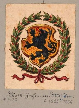 Das Wappen der Markgrafen von Meißen in einem Blätterkranz: ein schwarzer Löwe auf goldenem Grund