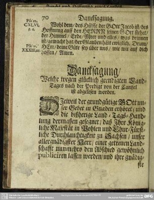 Dancksagung, Welche wegen glücklich geendigten Land-Tages nach der Predigt von der Cantzel ist abgelesen worden