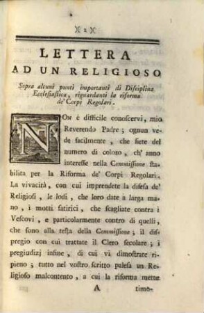 Lettera ad un Religioso sopra alcuni punti importanti di Disciplina ecclesiastica