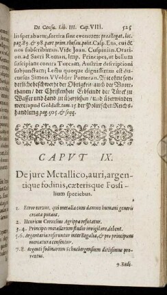 Caput IX. De jure Metallico, auri, argentique fodinis, cæterisque Fossilium speciebus.