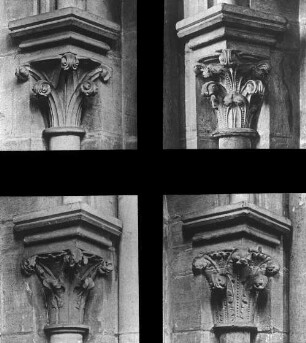 Gelnhausen, Marienkirche, vier Seitenkapitelle der Arkaden