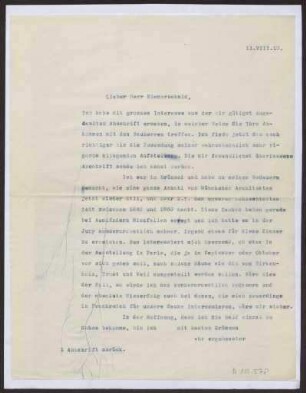 Schreiben an Richard Riemerschmid (Brief)