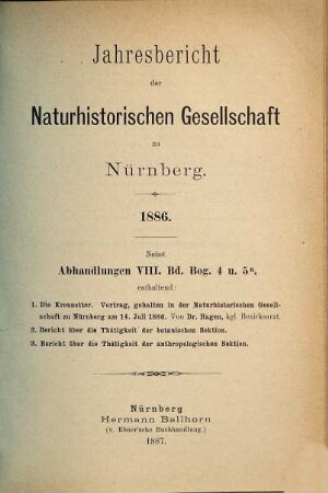 Jahresbericht der Naturhistorischen Gesellschaft Nürnberg. 1886 (1887)