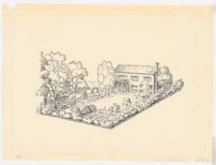 Druckvorlagen / Garten Major a. D. Alfred Müller, Berlin-Dahlem: Ein Garten im ebenen Gelände in der Größe von 1100 qm: Perspektivische Ansicht