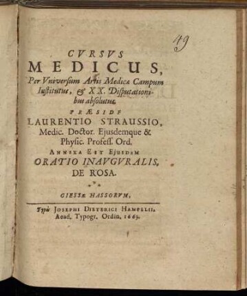 Cursus Medicus, Per Universum Artis Medicae Campum Institutus, & XX. Disputationibus absolutus