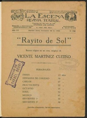 "Rayito de sol" : boceto trágico en un acto