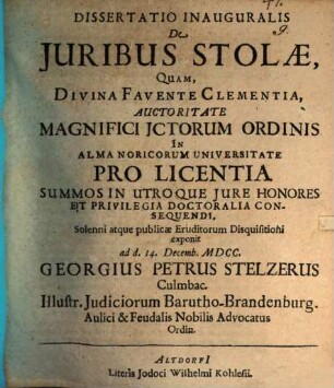 Dissertatio inauguralis de iuribus stolae