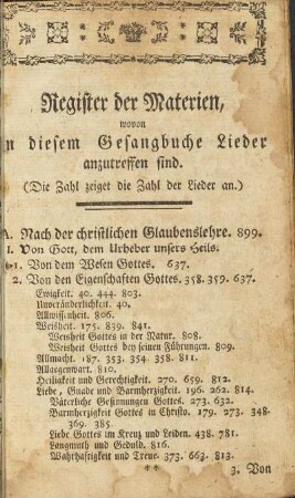 Register der Materien, wovon in diesem Gesangbuche Lieder anzutreffen sind.