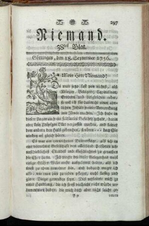 38tes Blat. Göttingen, den 18. September 1756.