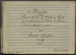 Potpourris, fl, pf, vl, pf, op. 257, HenK 257 - BSB Mus.Schott.Ha 3701-2 : [title page:] 31|m|e Potpourri // pour // Piano Forte et Flute ou Violon // sur des motifs favoris de l'Opera le Pré aux // Clercs de Herold composé // par // Joseph Küffner // [by other hand:] op 257 // [at bottom right, by Küffner:] Opus nach der Zahl // der vorgehenden