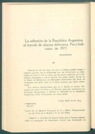 La adhesión de la República Argentina al tratado de alianza defensiva Perú-boliviano de 1873 - (Continuación)