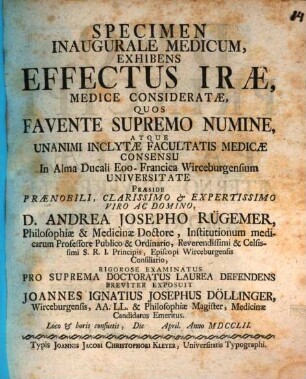 Specimen Inaugurale Medicum, Exhibens Effectus Irae, Medice Consideratae