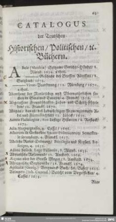 Catalogus der Teutschen Historischen, Politischen, [et]c. Büchern