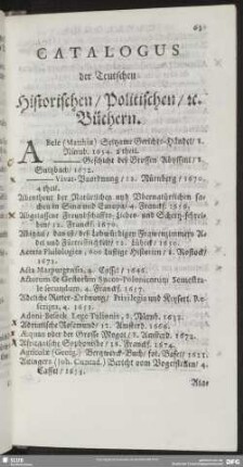Catalogus der Teutschen Historischen, Politischen, [et]c. Büchern