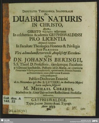 Disputatio Theologica Inauguralis De Duabus Naturis In Christo