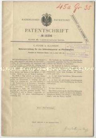 Patentschrift einer Hebevorrichtung für den Schneidapparat an Pferdehacken, Patent-Nr. 16396