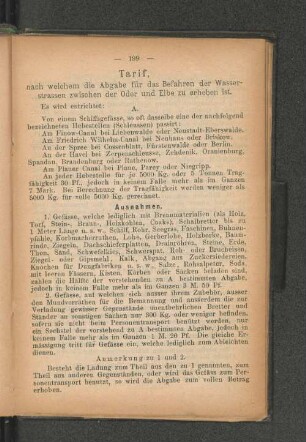 Tarif, nach welchem die Abgabe für das Befahren der Wasserstrassen zwischen der Oder und Elbe zu erheben ist.