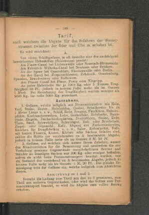 Tarif, nach welchem die Abgabe für das Befahren der Wasserstrassen zwischen der Oder und Elbe zu erheben ist.