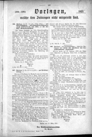 Anlagen: (296-298), Vorlagen, welche den Zeitungen nich mitgeteilt sind, 18. März 1921