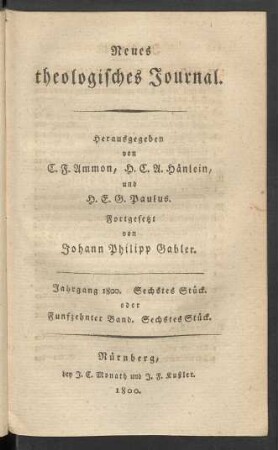 Jahrgang 1800. Sechstes Stück. oder Funfzehnter Band. Sechstes Stück