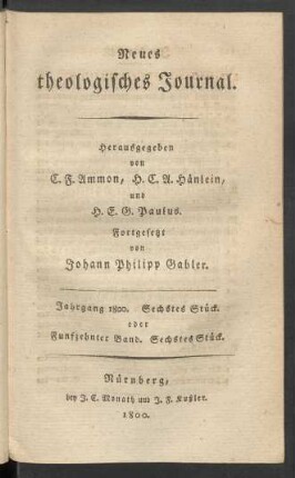 Jahrgang 1800. Sechstes Stück. oder Funfzehnter Band. Sechstes Stück