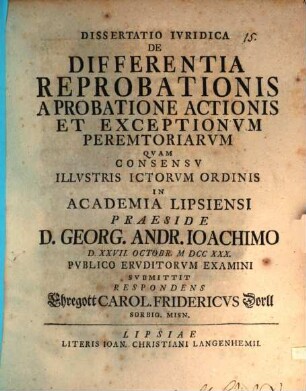Diss. iur. de differentia reprobationis a probatione actionis et exceptionum peremtoriarum