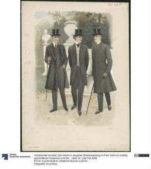 Drei Herren in eleganter Straßenkleidung im Park: Gehrock, cutartig geschnittener Paspelrock und Stadtchesterfield