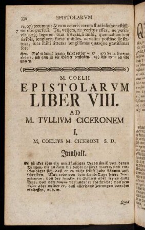 336-376, M. Coelii Epistolarum. Liber VIII. Ad M. Tullium Ciceronem.