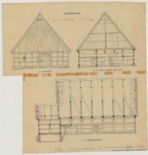 Dörentrup (Kreis Lemgo): Hof Meier. Haupthaus (Giebelansicht, Schnitte)