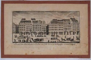 Die Ostseite des Altmarktes in Dresden mit der Badergasse (Loch), der Grossen Frohngasse (Marktgasse) und der Kreuzgasse, Teil einer Reihe Dresdner und sächsischer Ansichten von Schlitterlau um 1770