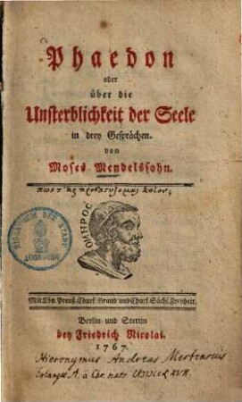 Phaedon oder über die Unsterblichkeit der Seele : in drey Gesprächen