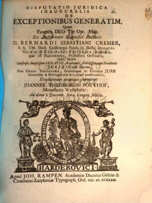 Disp. iur. inaug. de exceptionibus generatim