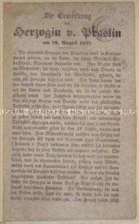 Schrift über den Mord an der Herzogin von Choiseul-Praslin in Paris am 18. August 1847