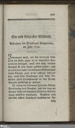 Ein und siebzigster Abschnitt. Aufnahme der Salzburger Emigranten, im Jahr 1732