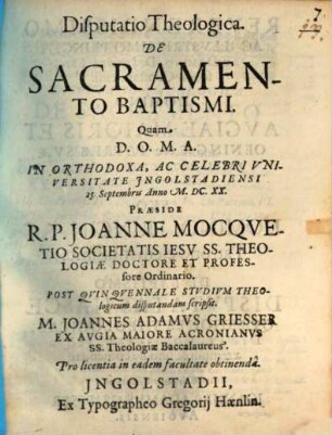 Disp. theol. de sacramento baptismi