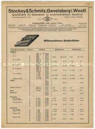 Preisliste über Mähmaschinen-Bindertücher und Bindertuchwalzen