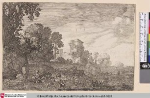 [Landschaft mit einer Herde, die eine Brücke überquert; Landscape with a Herd crossing a Bridge]