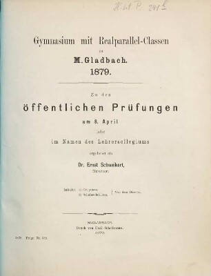 Zu den öffentlichen Prüfungen ... ladet im Namen des Lehrercollegiums ergebenst ein, 1878/79