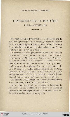 3.Ser. 6.1895: Traitement de la diphtérie par la sérothérapie