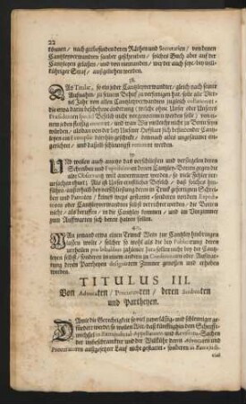 Titulus III. Von Advocaten, Procuratoren, deren Scribenten und Partheyen.