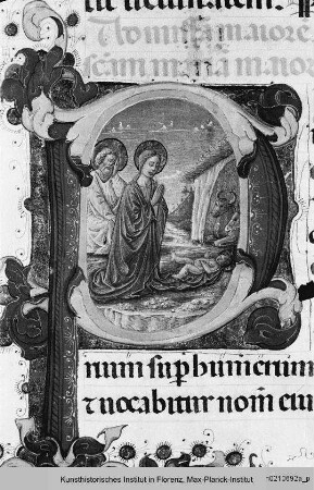 Missale Romanum : Buchseite mit historisierter Initiale P mit der Anbetung des Christkindes