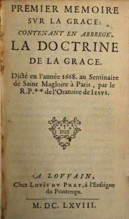 Premier Mémoire sur la Grace ...