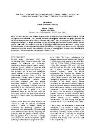 Locational Determinants of Foreign Direct Investment in an Emerging Market Economy: Evidence From Turkey